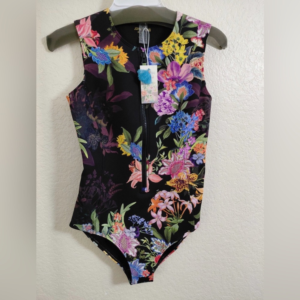 Johnny Was Neon Jungle Sleeveless‎ Neoprene Floral One-Piece Zip-Up Swimsuit Sm
